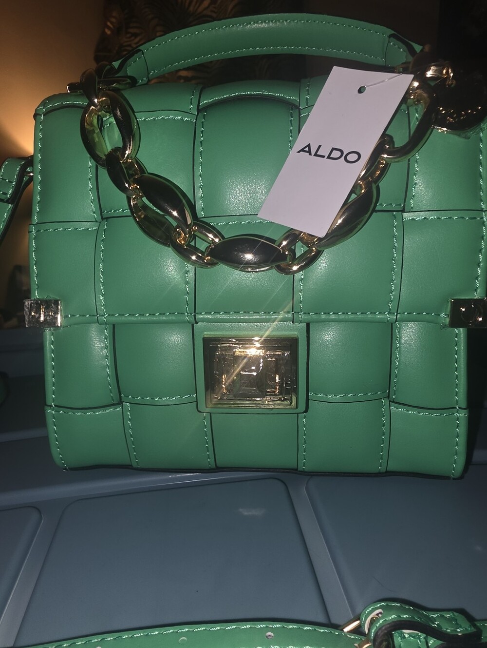 NWT,ALDO Green Quilted Palmata Bag with Gold Chain Accent